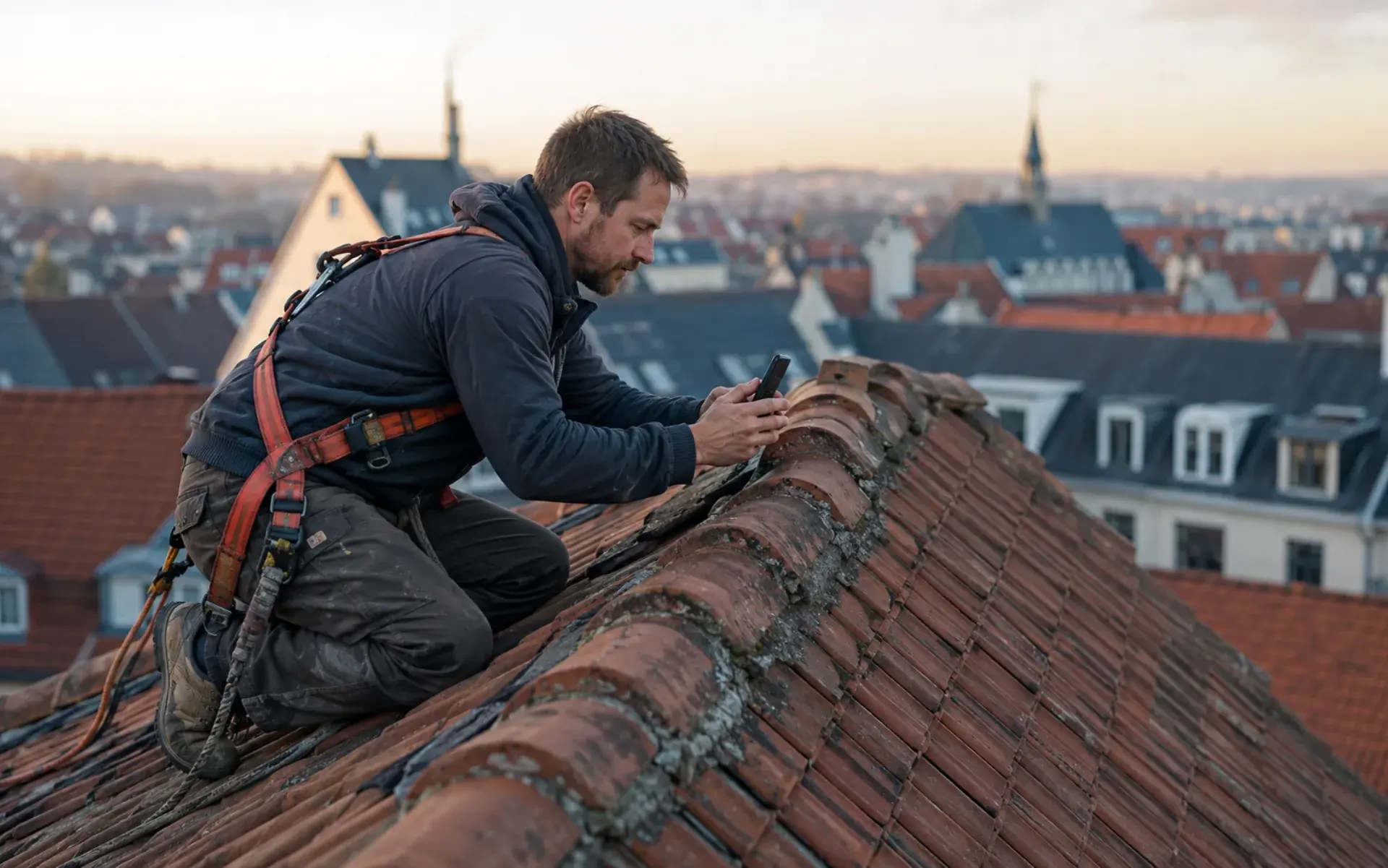 Dachdecker fotografiert mit dem Smartphone eine Stelle am First