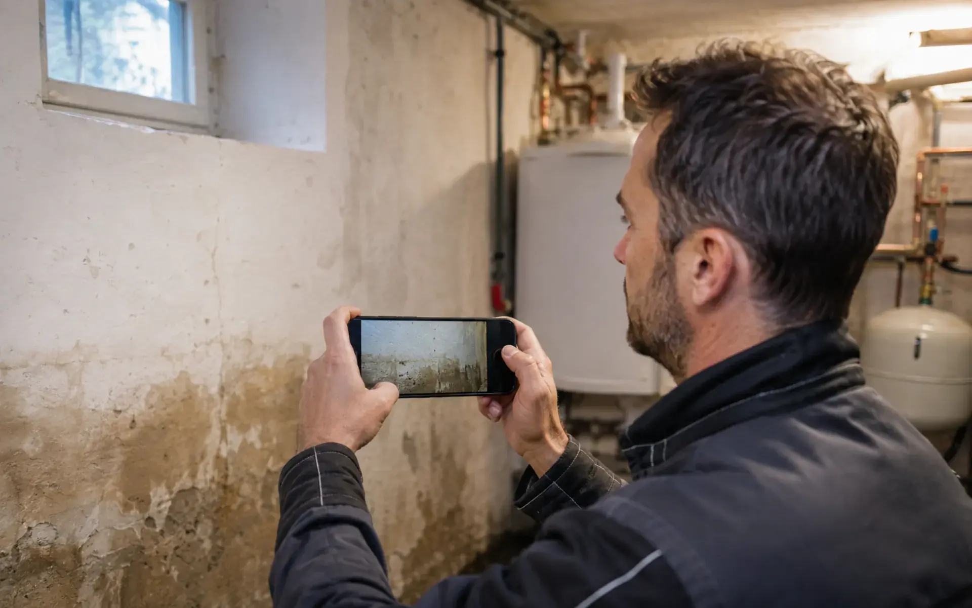 Monteur fotografiert einen Wasserschaden im Keller