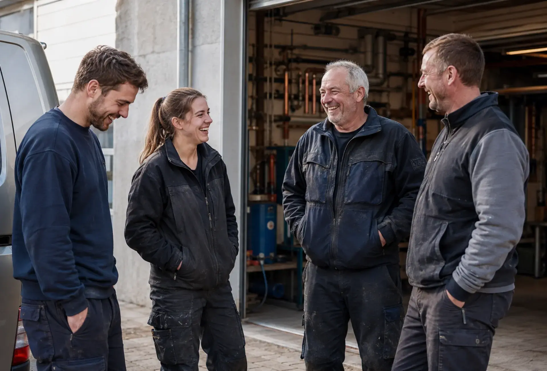 Team eines Handwerksbetriebs vor der Werkstatt