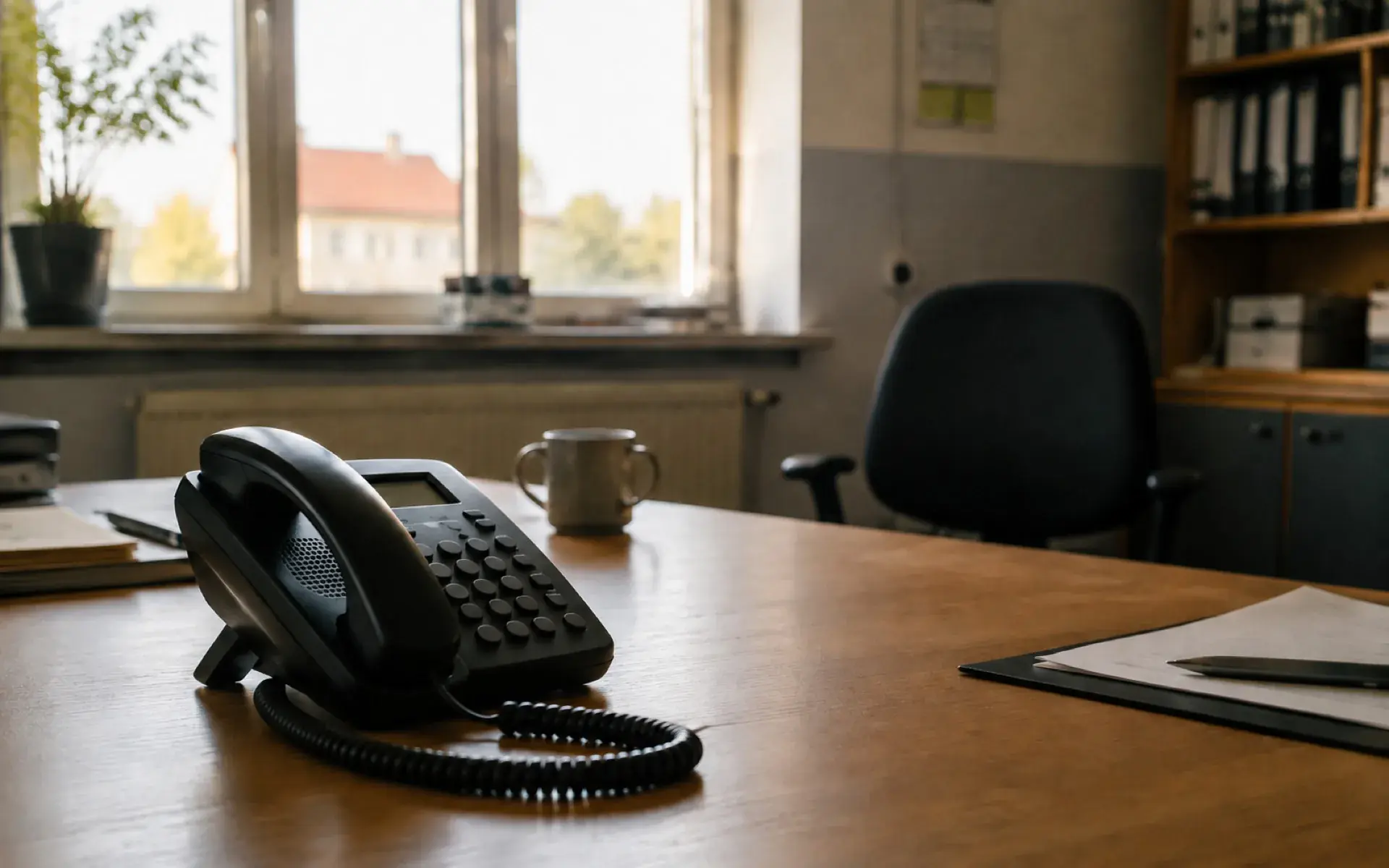 Leerer Schreibtisch mit klingelndem Telefon
