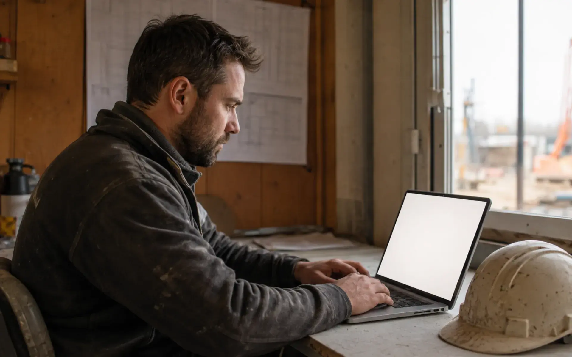 Vorarbeiter am Laptop im Bauwagen