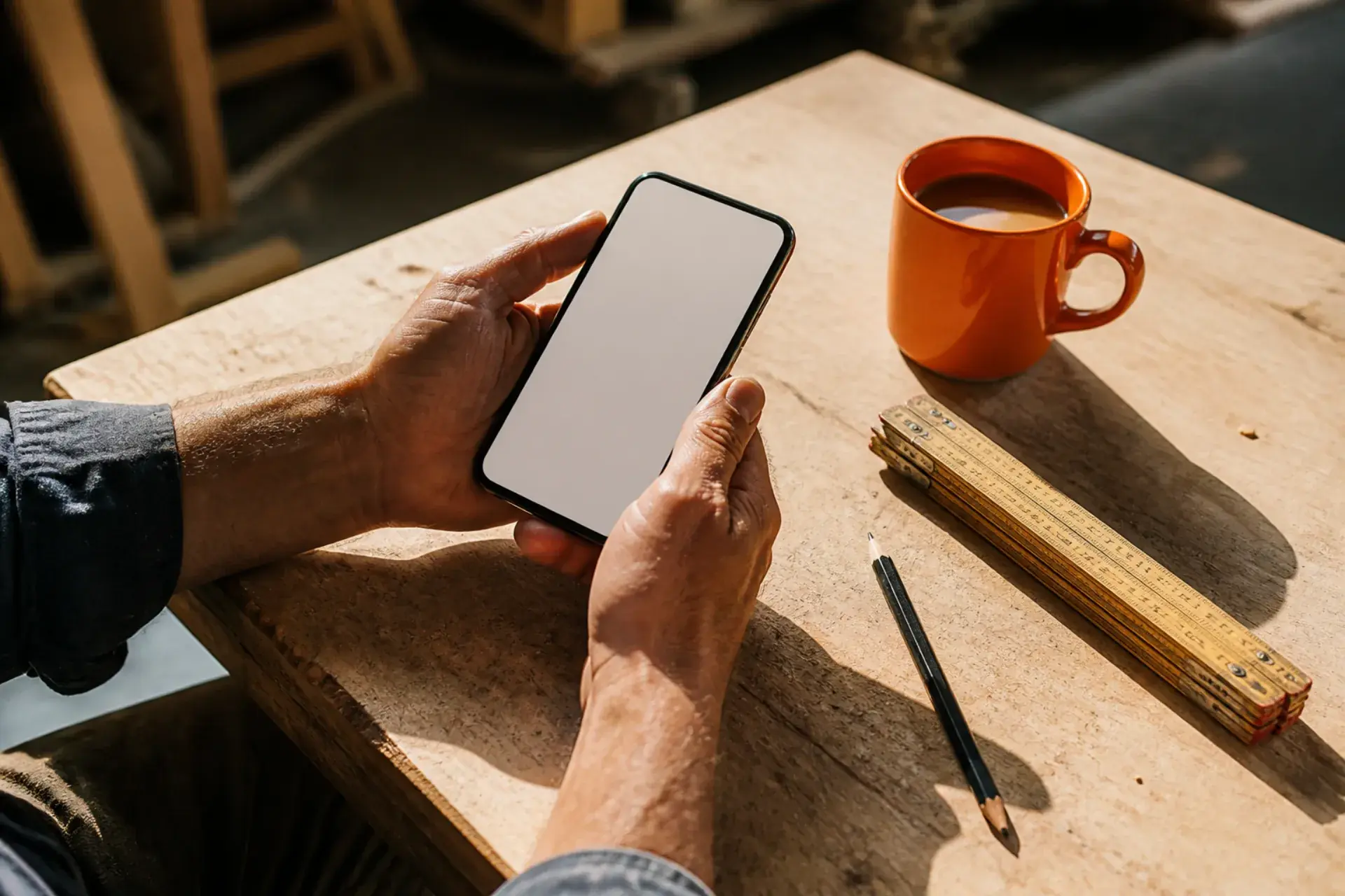 Hände eines Handwerkers mit Smartphone an der Werkbank, daneben Kaffeebecher und Zollstock